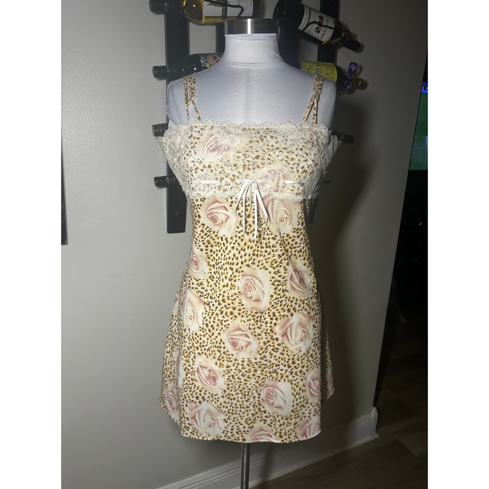 Intimates by Rag Slip Dress L Leopard Rose Lace Trim y2k 2000s